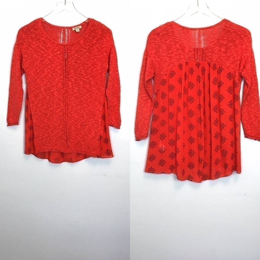 Lucky Brand Red Knit Front/Chiffon Back Top XS